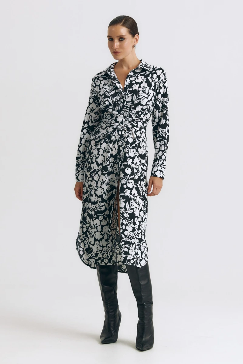 Shirt dress midi soft print milk flowers on black #2