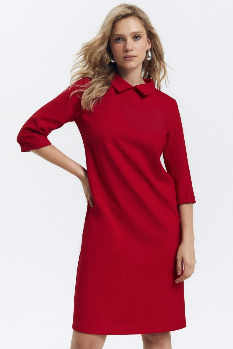 A-line dress with collar suit fabric red #2
