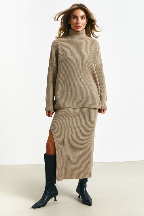 Knitted suit with a beige skirt