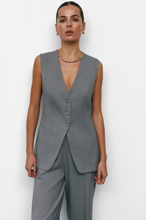 Elongated vest with buttons suit fabric gray