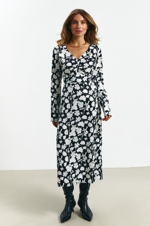 Midi dress faux silk print milk flowers on black