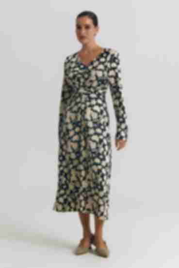 Midi dress faux silk print beige flowers on black