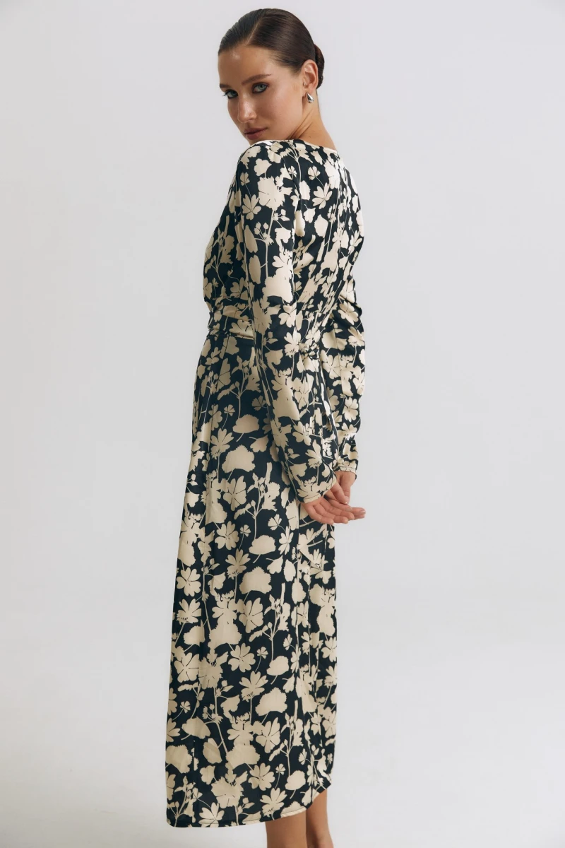 Black midi dress in beige flowers made of artificial silk