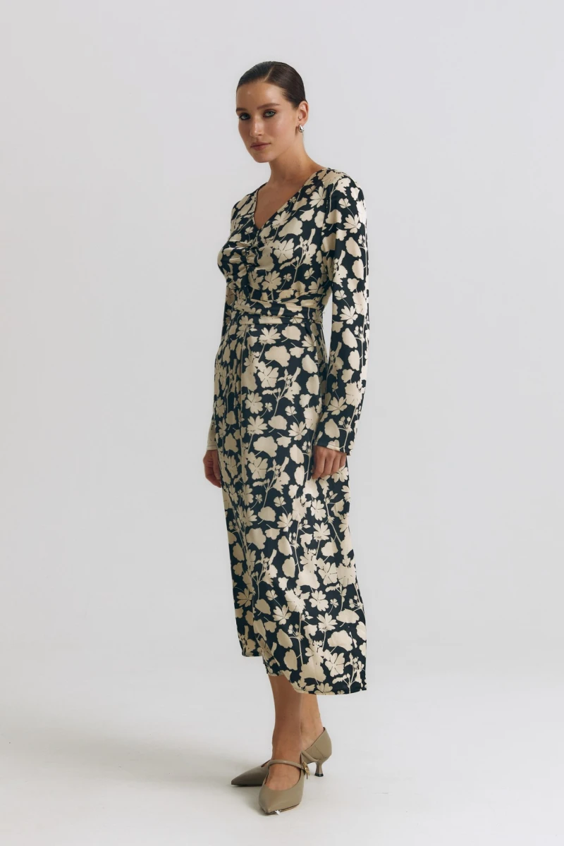 Black midi dress in beige flowers made of artificial silk