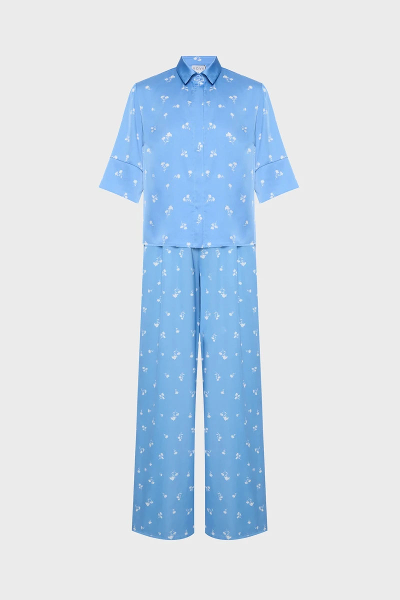 Suit shortened shirt and straight pants artificial silk white bouquets on blue