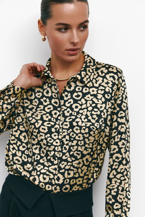 Shirt artificial silk print black leopard on beige