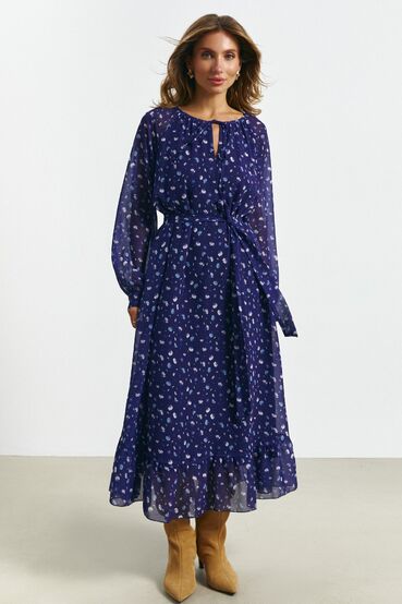 Midi chiffon dress wildflowers on dark purple