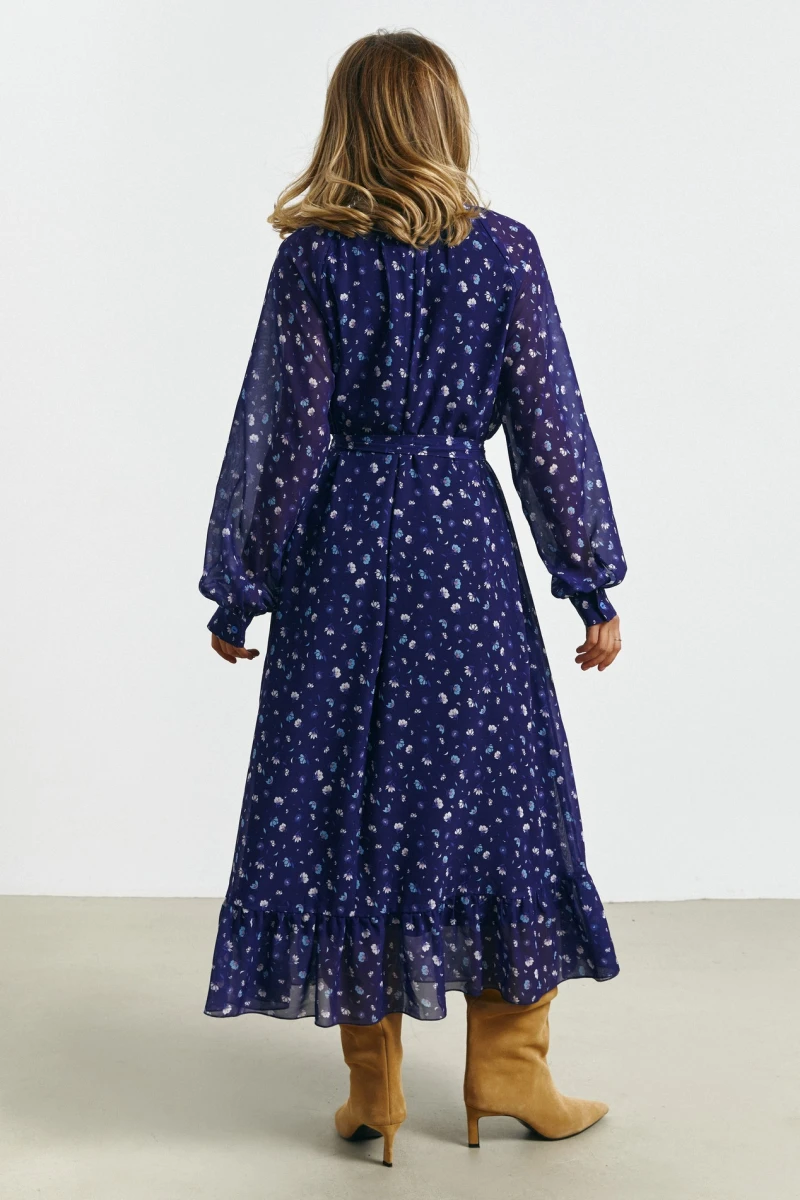 Midi chiffon dress wildflowers on dark purple