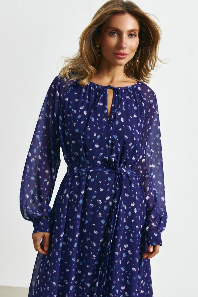 Midi chiffon dress wildflowers on dark purple