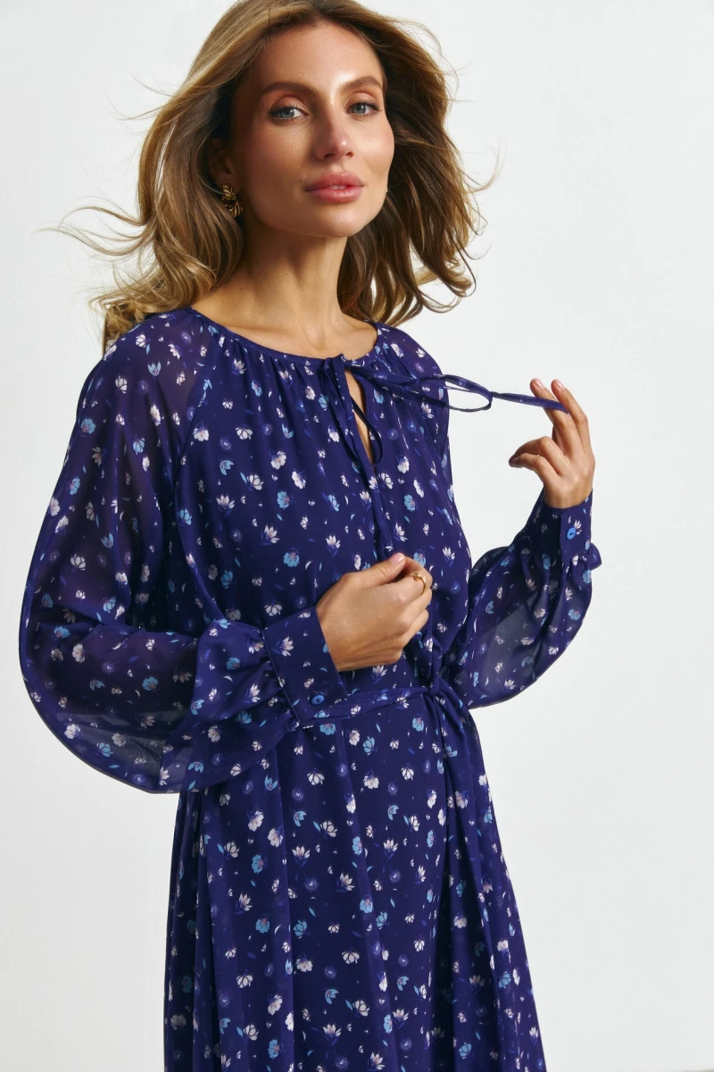 Midi chiffon dress wildflowers on dark purple