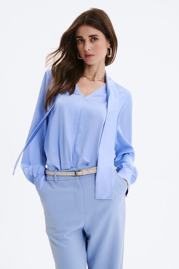 Blouse with a V-neckline and tie artificial silk blue #2