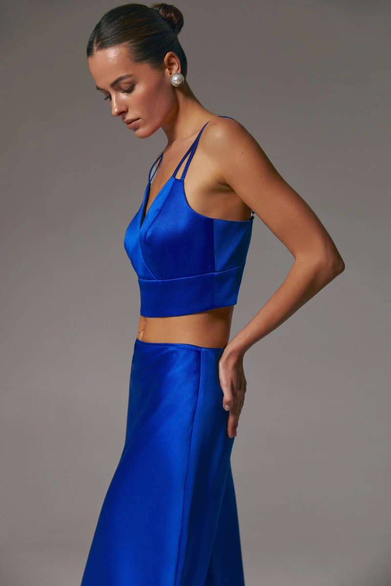 Blue satin cropped top