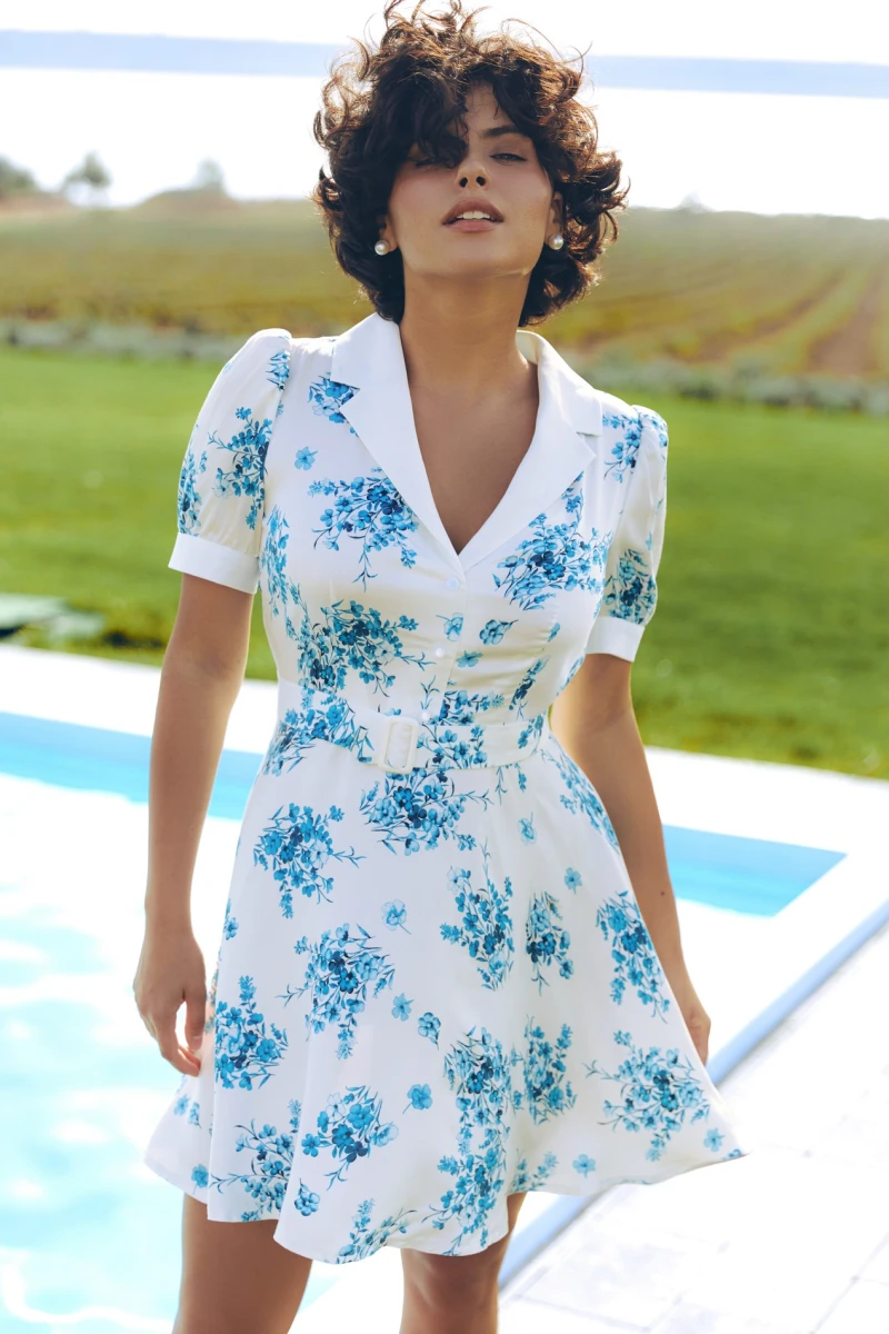 Mini dress with white collar, staple silk, blue bouquets on milk background (without belt)