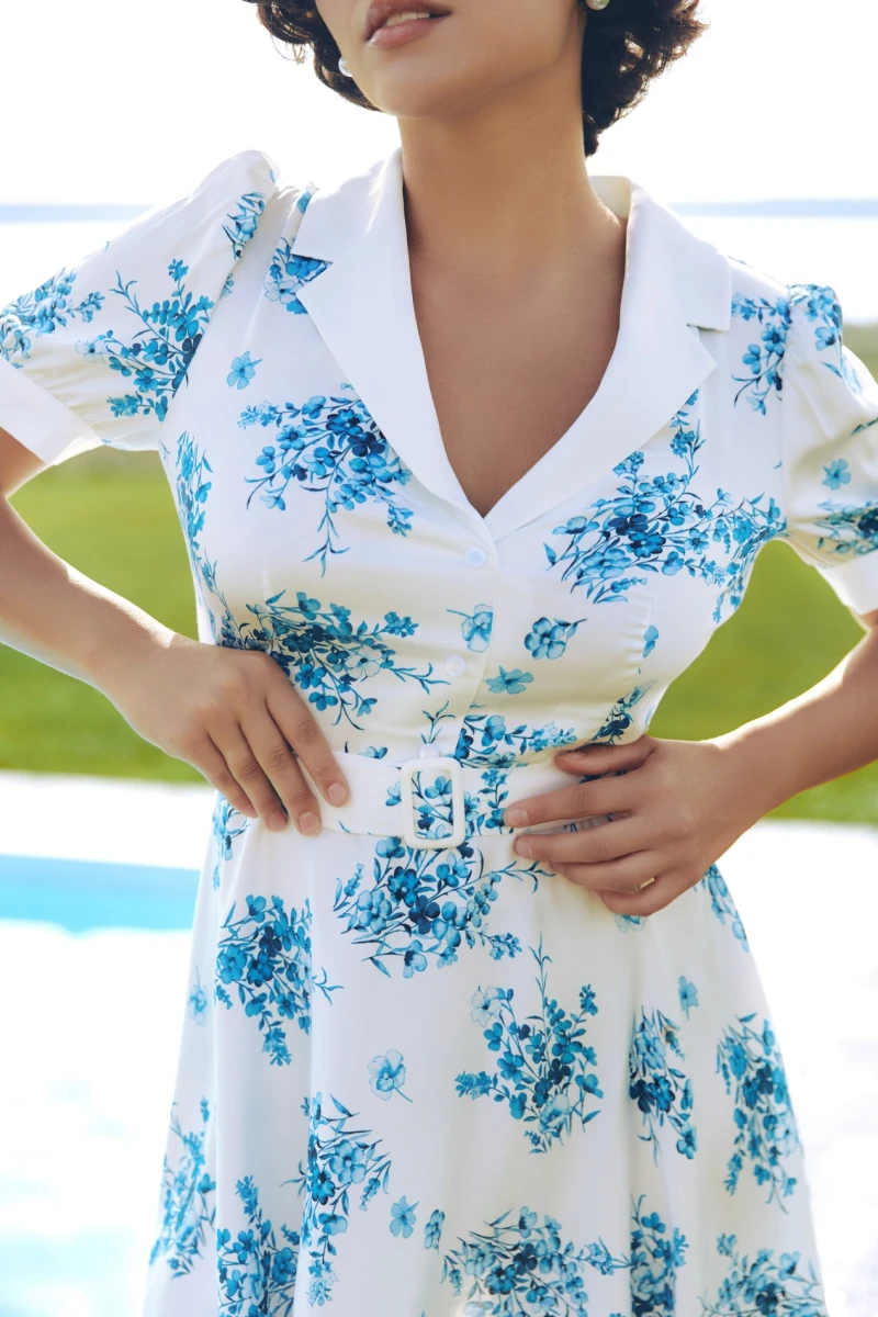 Mini dress with white collar, staple silk, blue bouquets on milk background (without belt)