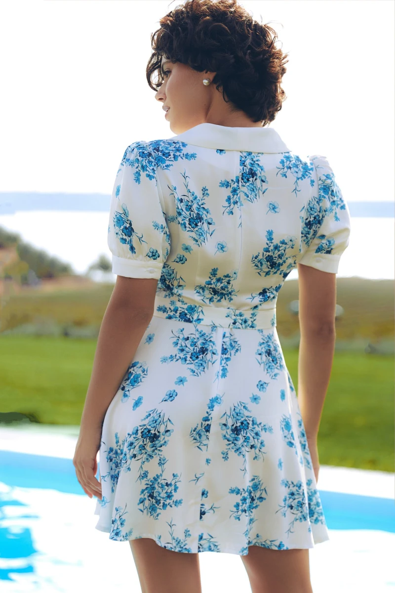 Mini dress with white collar, staple silk, blue bouquets on milk background (without belt)