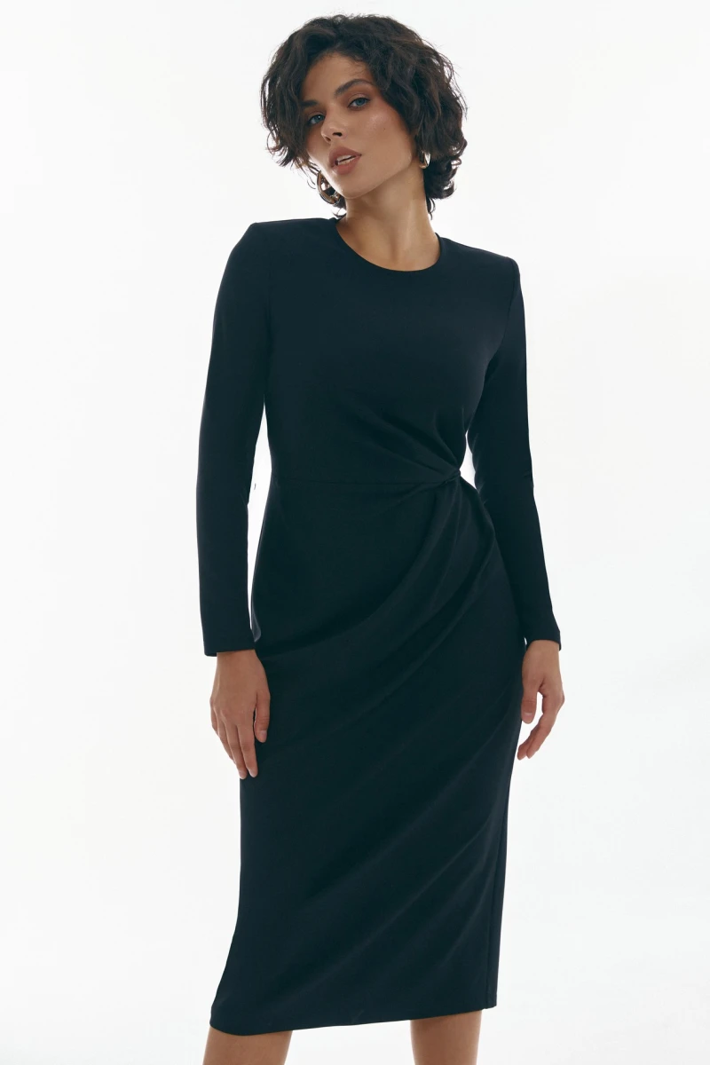 Midi dress with drapery and detachable element black costume fabric
