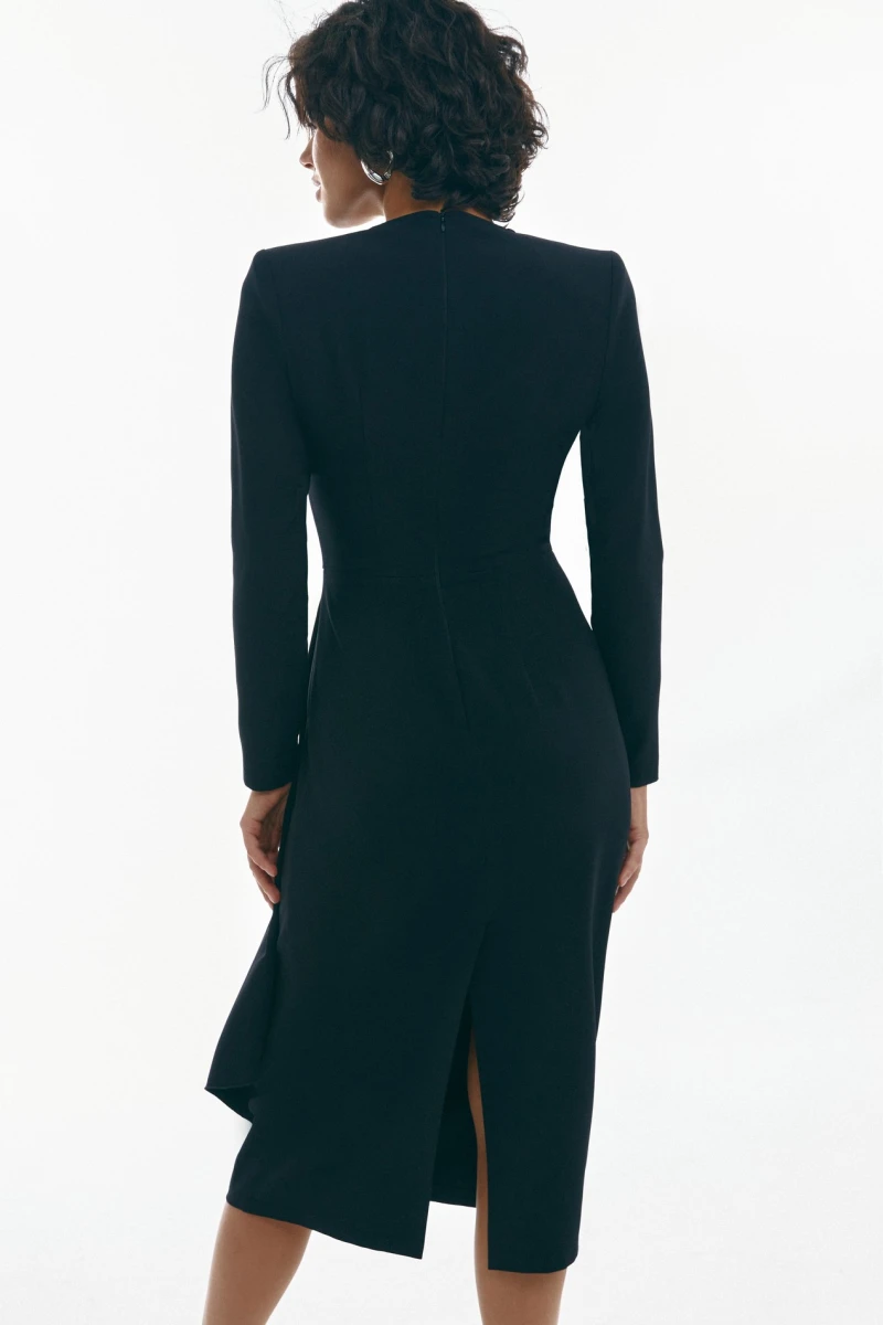 Midi dress with drapery and detachable element black costume fabric