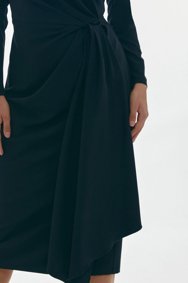 Midi dress with drapery and detachable element black costume fabric