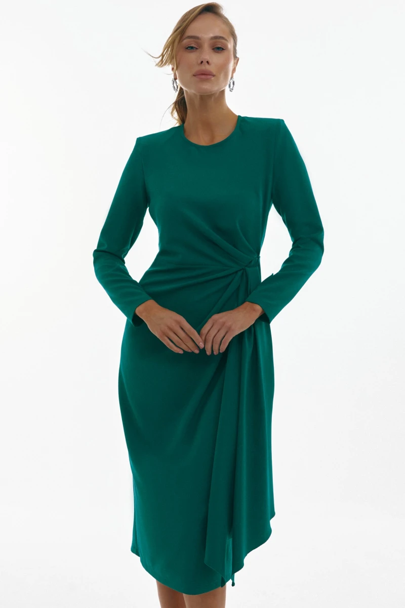 Midi dress with drapery and detachable element emerald costume fabric