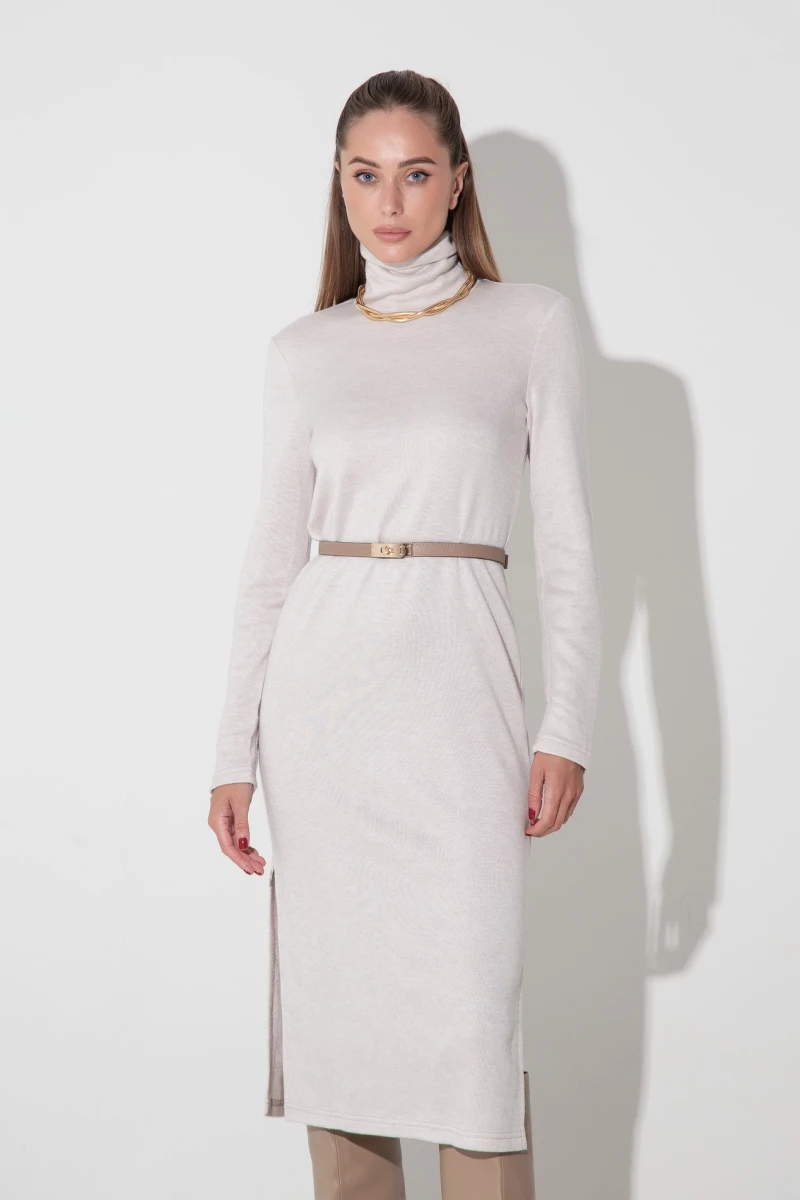 Straight dress with midi knit angora light beige