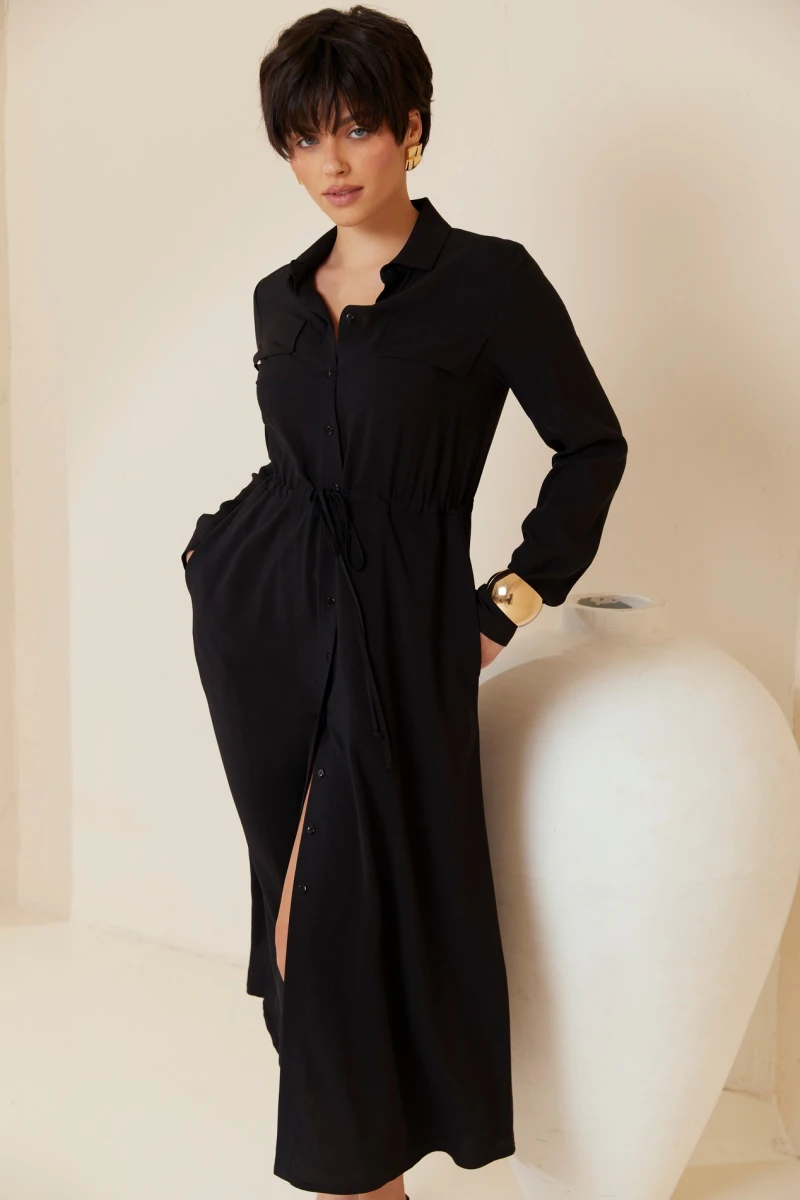 Shirt dress with midi staple midi pleat in black