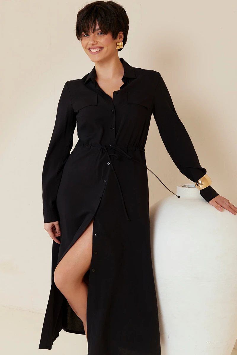 Shirt dress with midi staple midi pleat in black