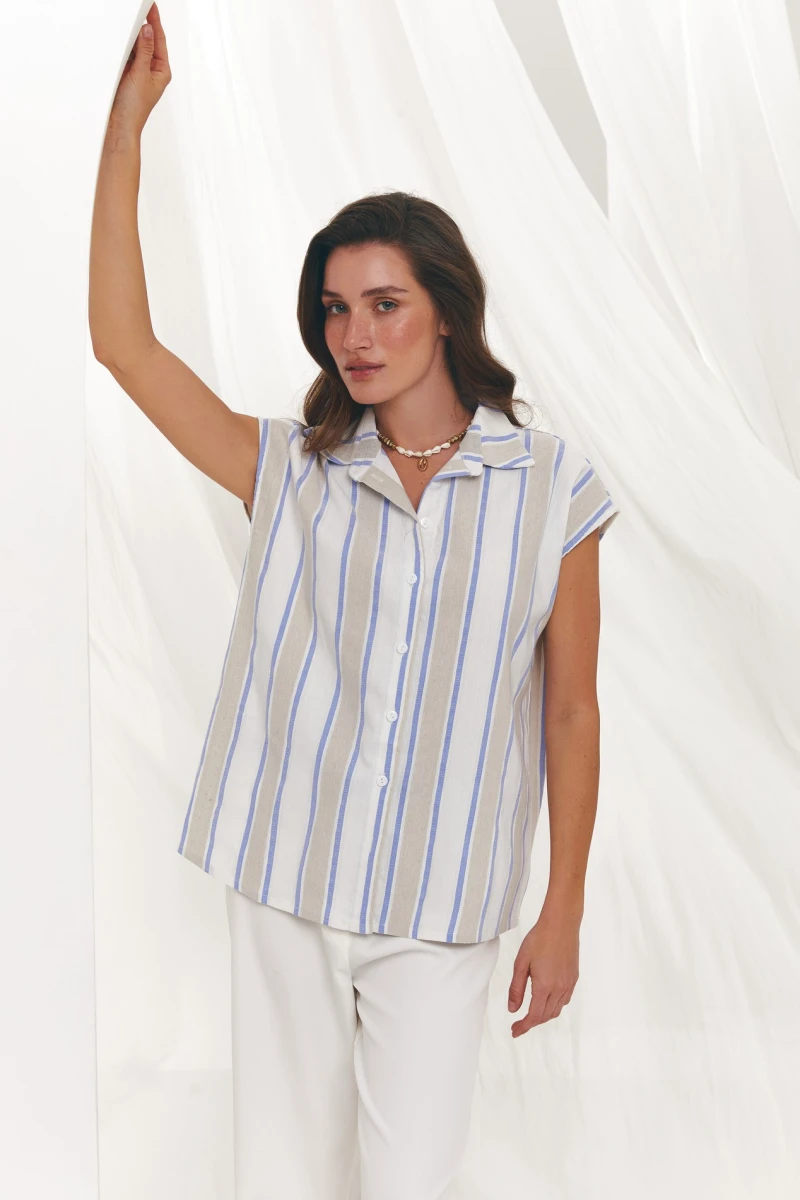 Blouse with short sleeves polycotton heavenly stripes on sand