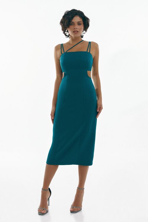 Sundress with asymmetrical straps midi suit fabric emerald