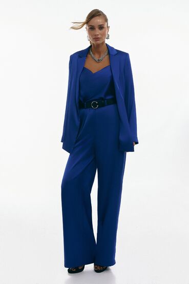 Suit jacket, top and pants satin denim