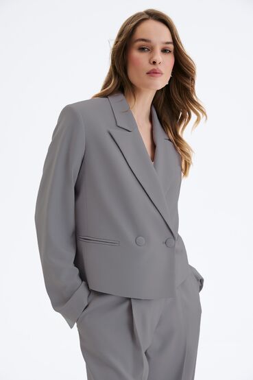 Gray short double-breasted jacket made of suiting fabric