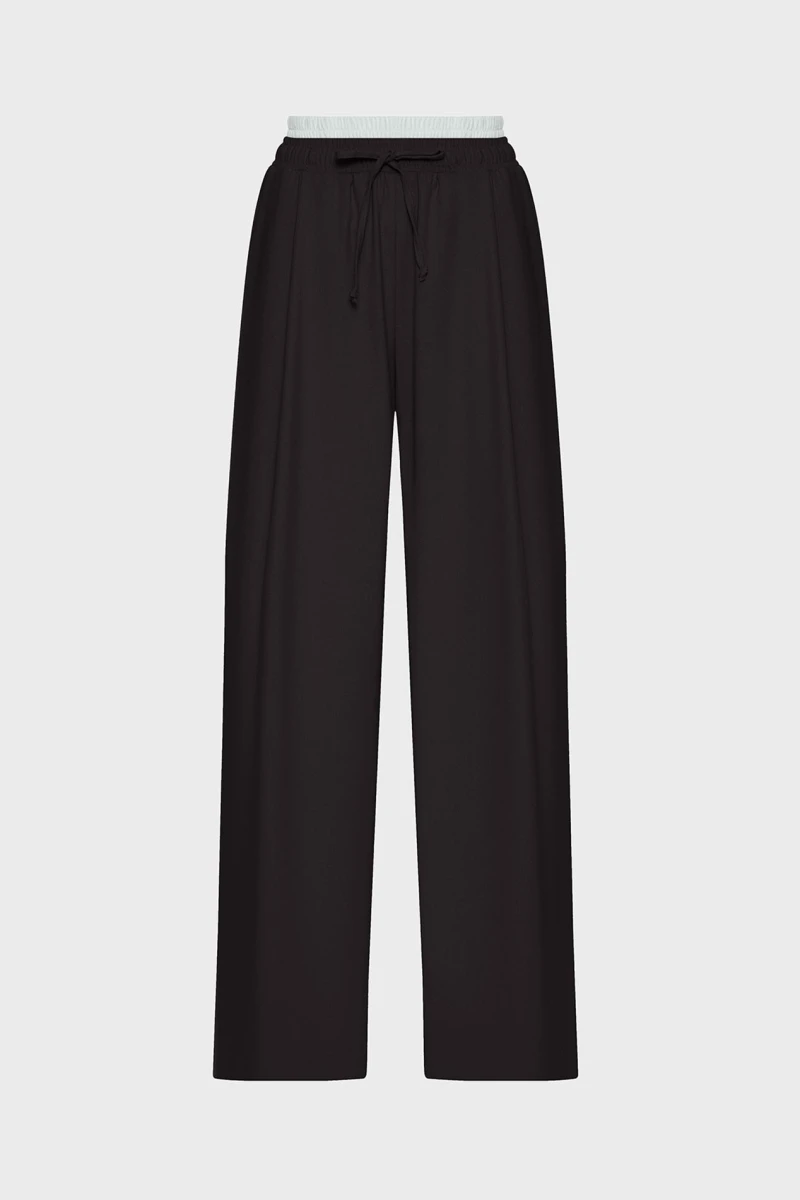 Straight trousers with elastic waistband and drawstrings suit fabric black