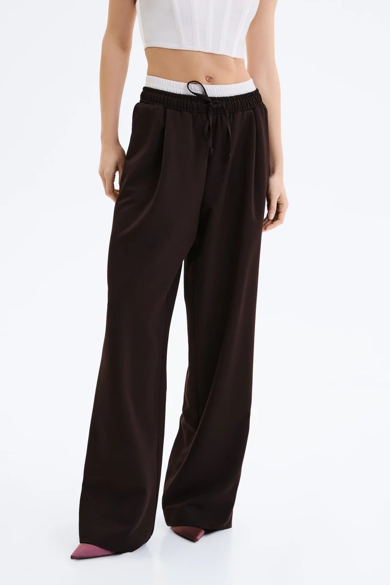 Straight trousers with elastic waistband and drawstrings suit fabric black