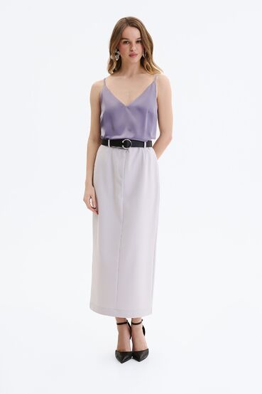 Gray midi skirt with slit made of suiting fabric