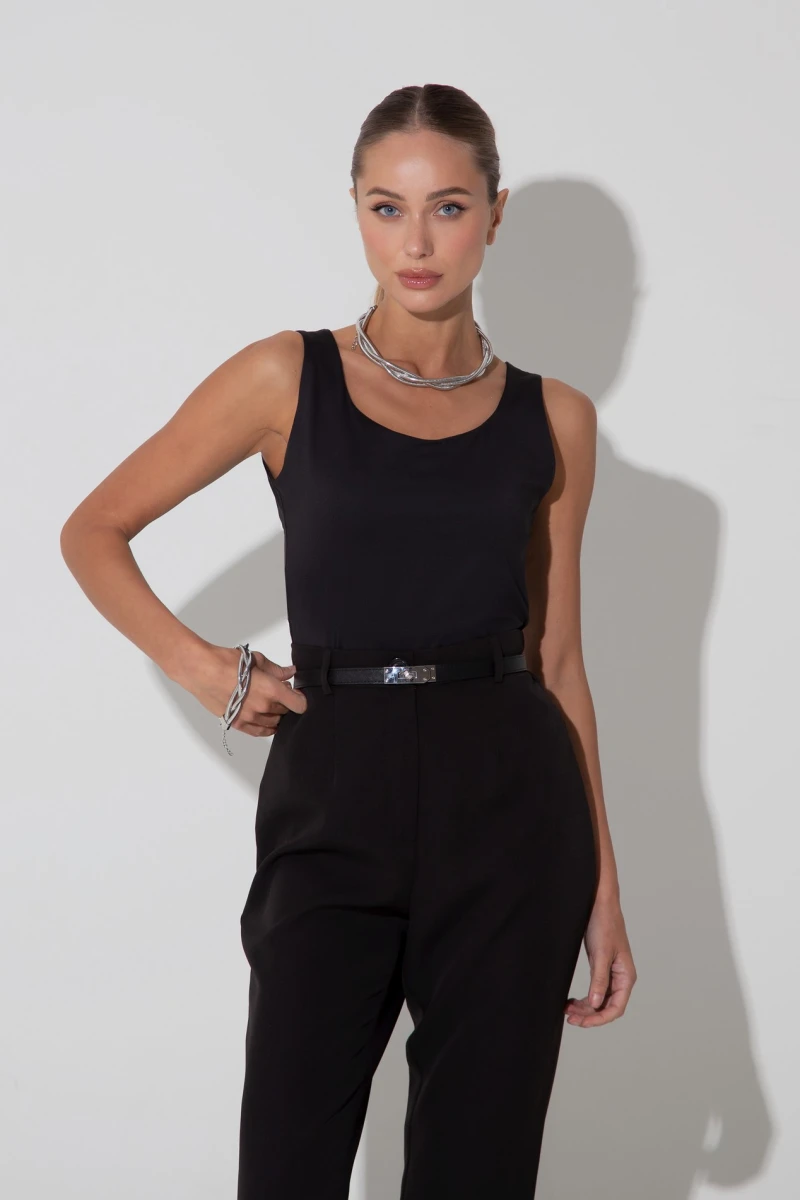 Black knit top with a round neckline