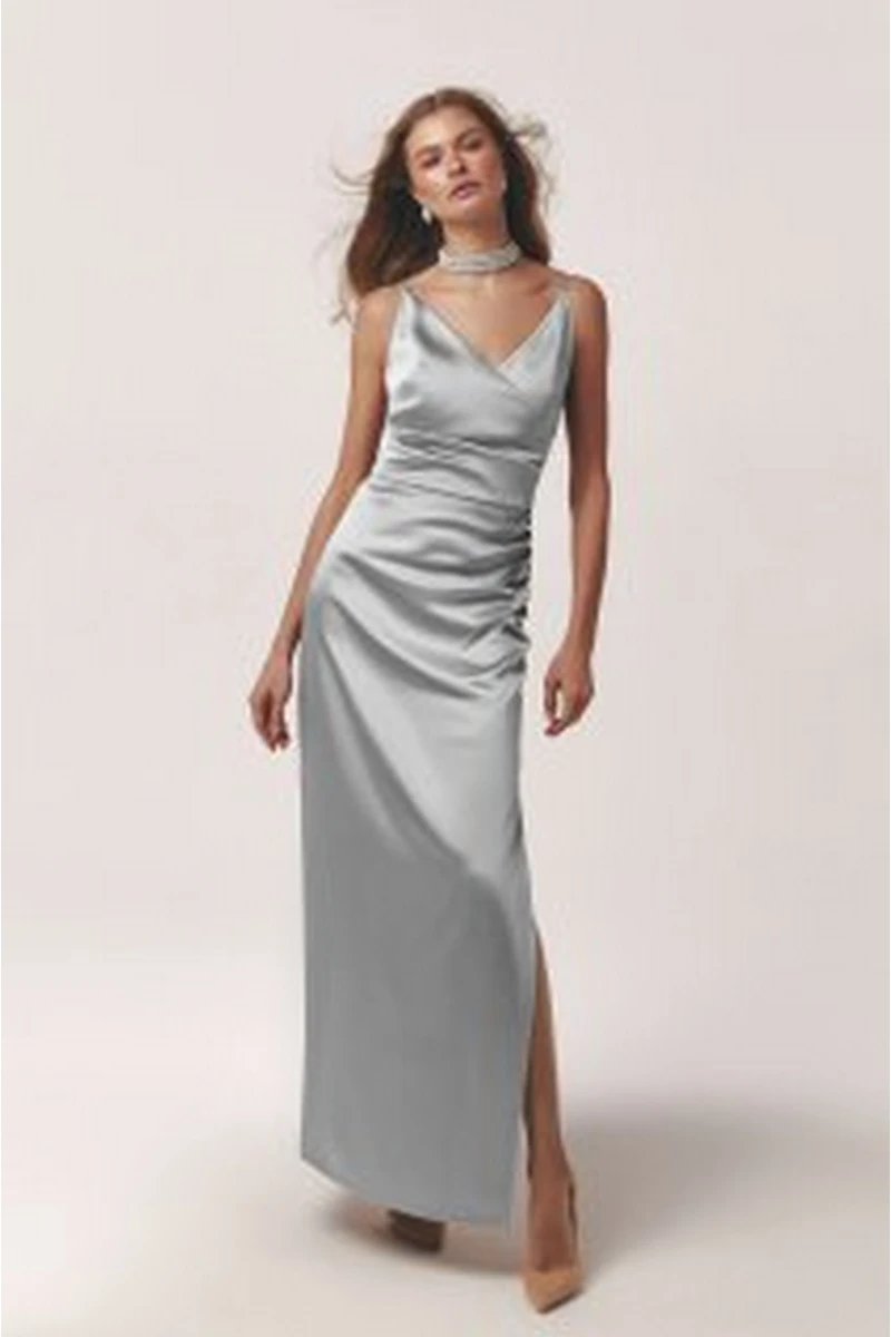 Midi dress with thin gray satin straps