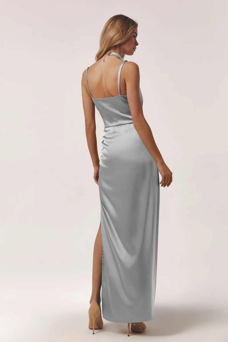 Midi dress with thin gray satin straps