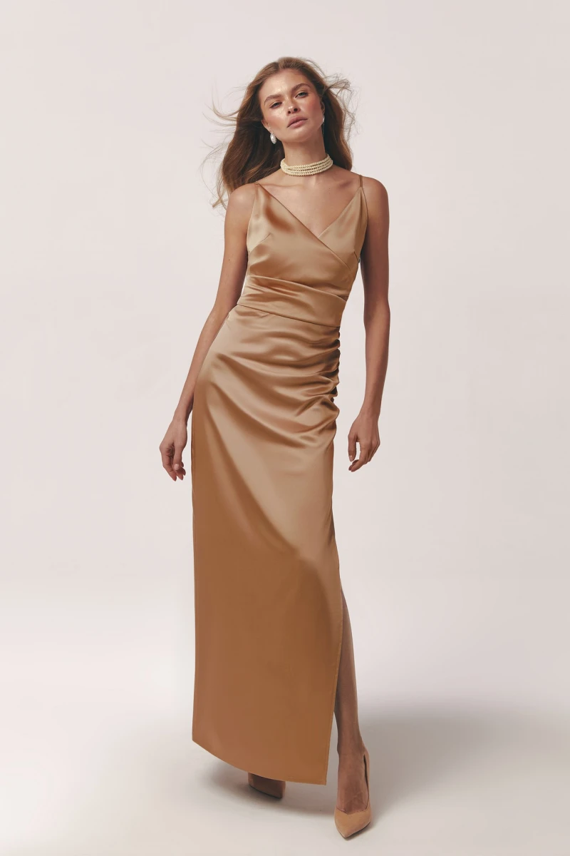 Beige midi dress with thin satin straps