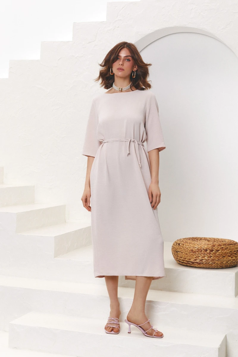 Short sleeve viscose jacquard a ivory midi dress