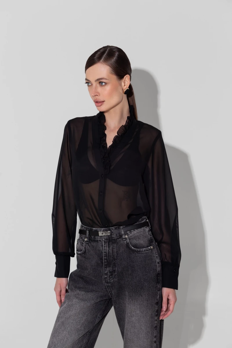 Black chiffon blouse with flounces