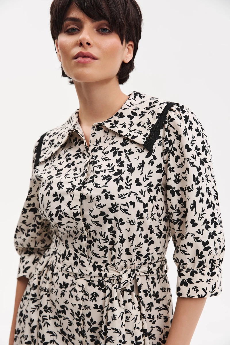 Midaxi dress with collar cotton print black flowers on milky #2