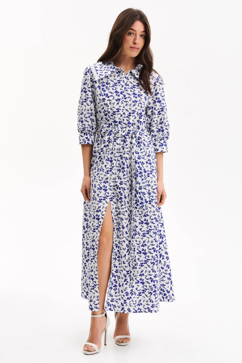 Midaxi dress with a cotton collar cornflower print on white
