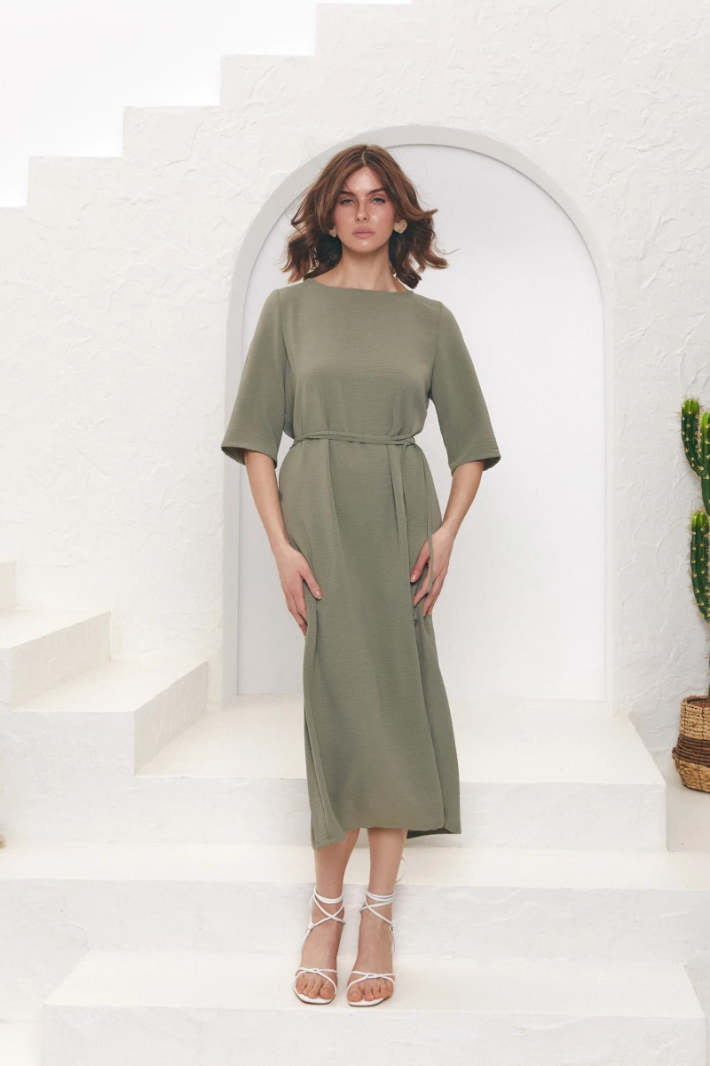 Short sleeve viscose jacquard khaki midi dress
