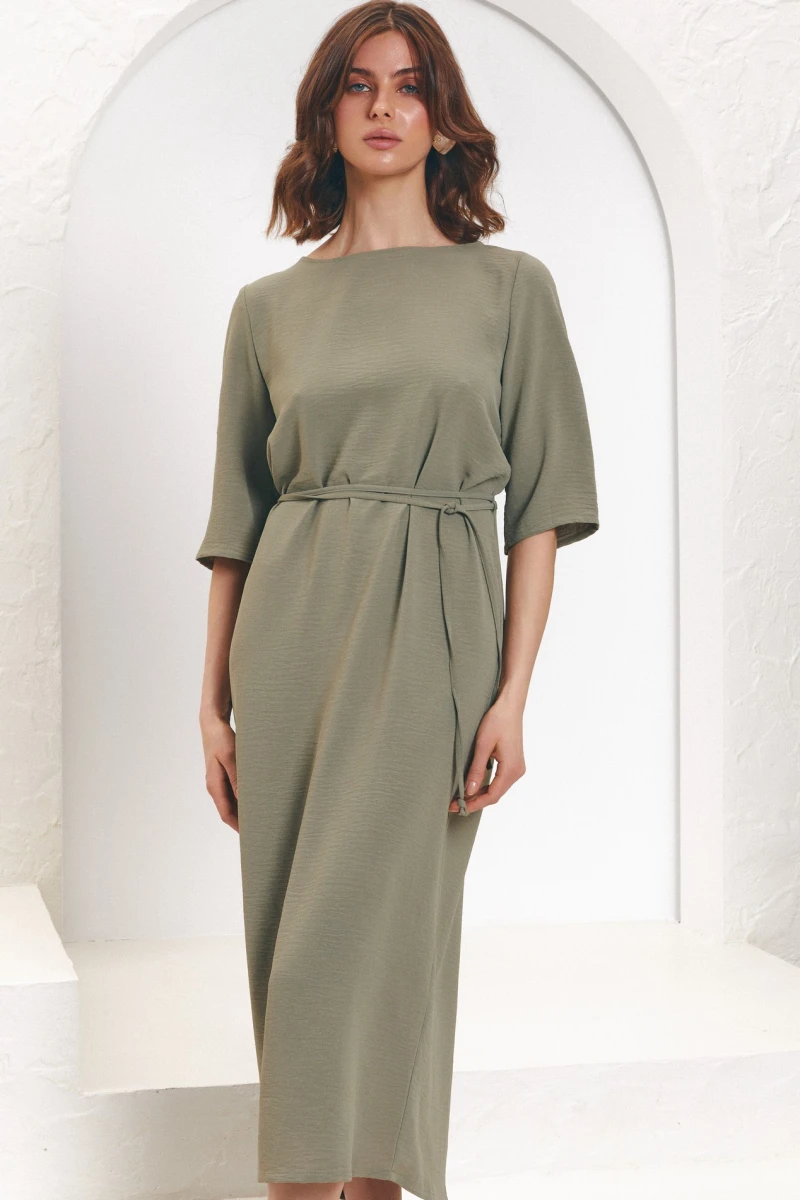 Short sleeve viscose jacquard khaki midi dress #2