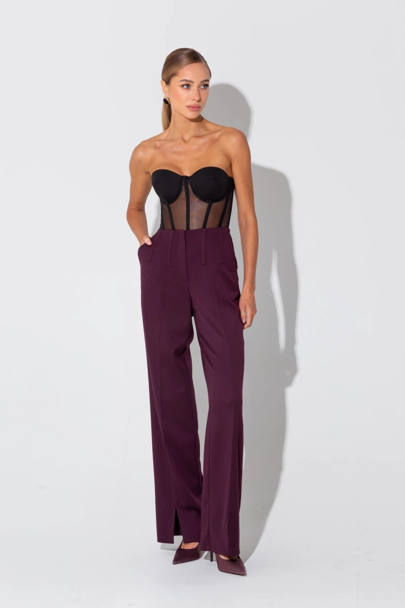 Burgundy straight trousers with slits #2