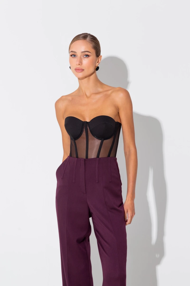 Burgundy straight trousers with slits