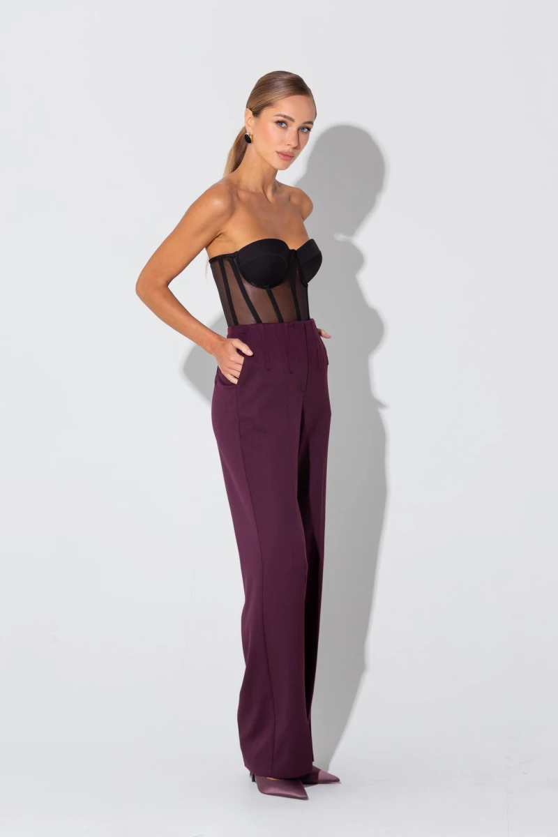 Burgundy straight trousers with slits