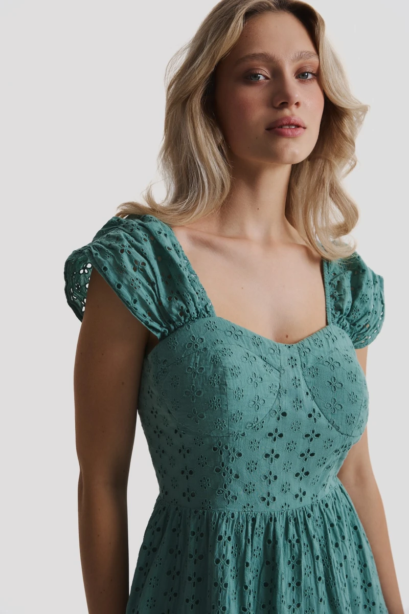 Sage mini batiste dress with embroidered flowers