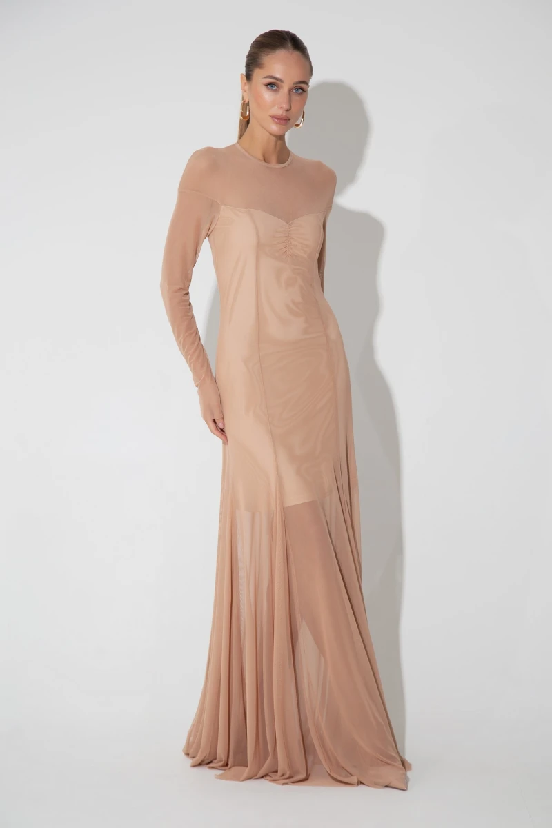 Beige maxi dress with transparent insert