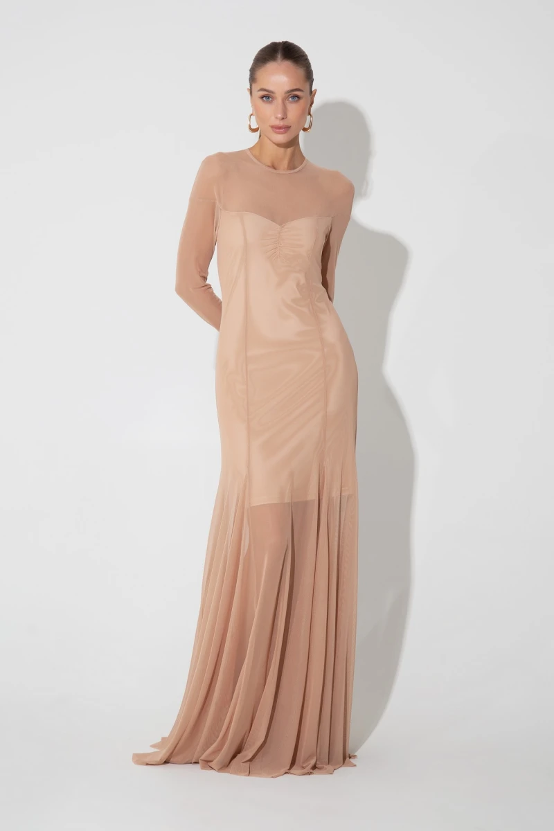 Beige maxi dress with transparent insert