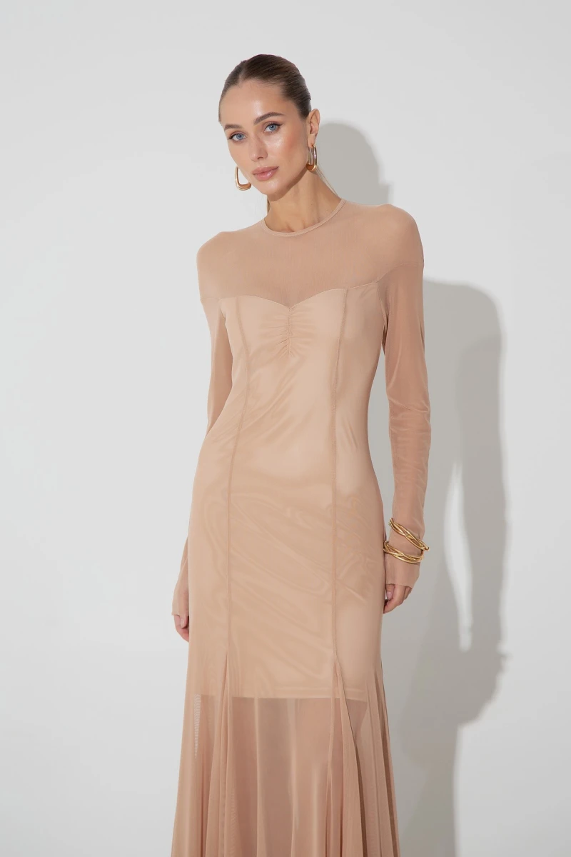 Beige maxi dress with transparent insert